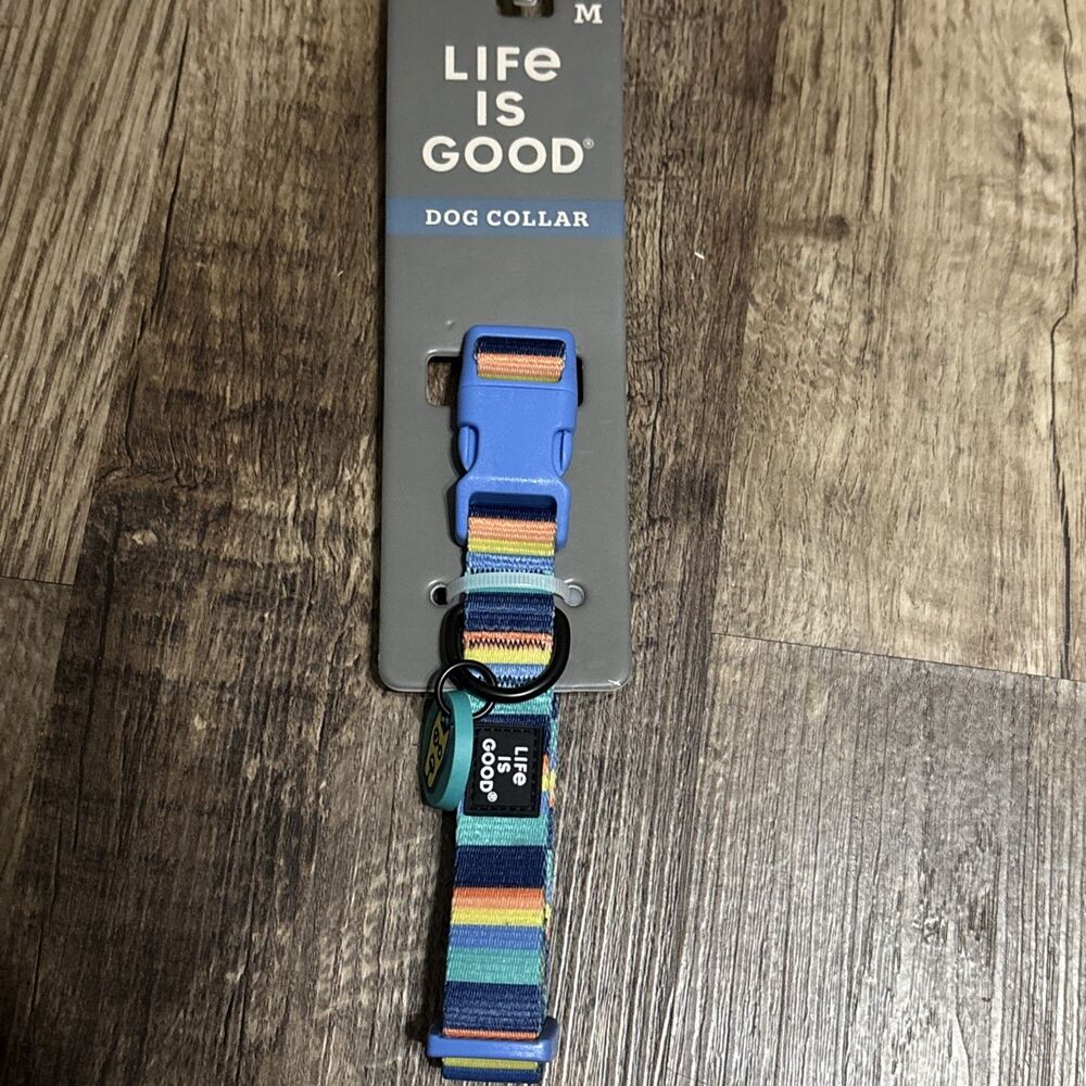 Life Is Good Dog Collar Striped Blue Multicolor Medium 12-18" Neck